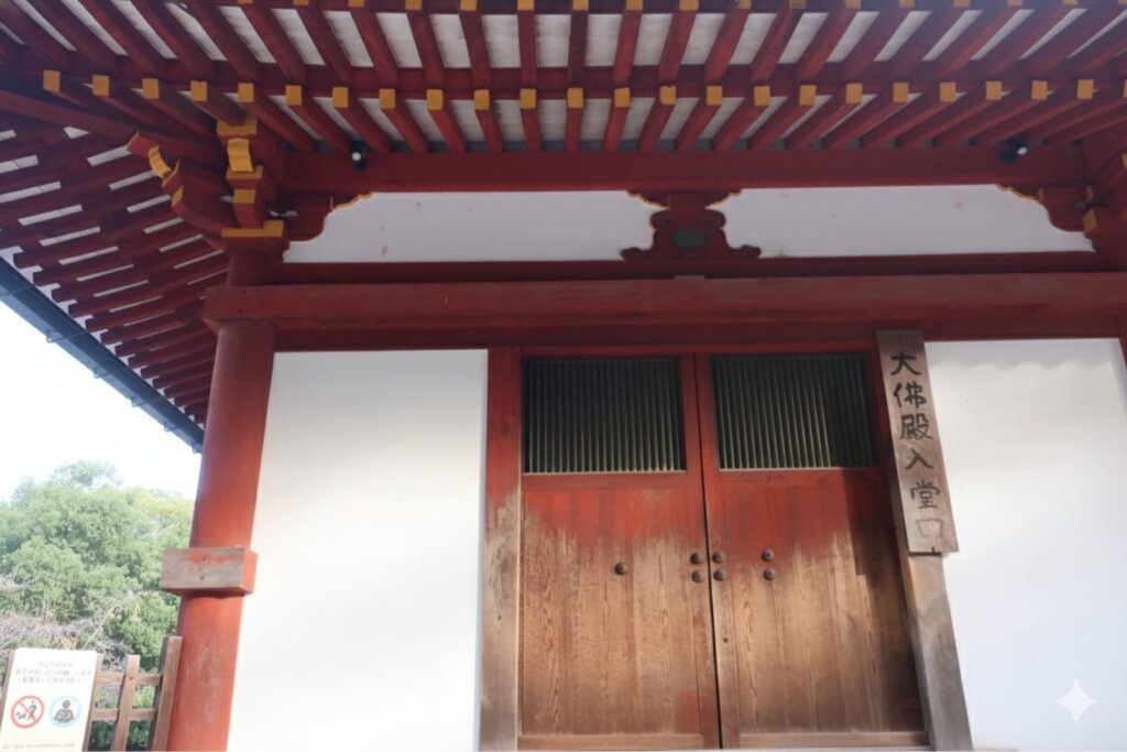 開門時間前でまだ閉まっている東大寺大仏殿の入り口。