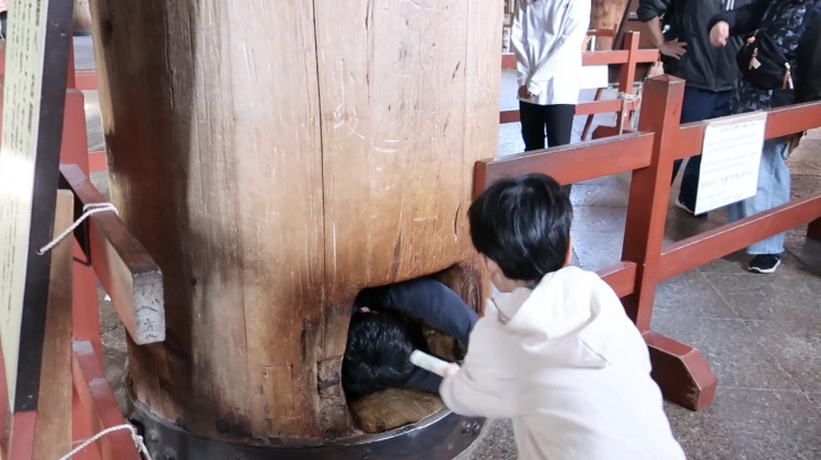 パパが柱くぐりに挑戦する様子を、横から面白そうに応援する6歳長男。家族で楽しむ柱くぐり。パパが柱くぐりに挑戦する様子を、横から面白そうに応援する6歳長男。家族で楽しむ柱くぐり。