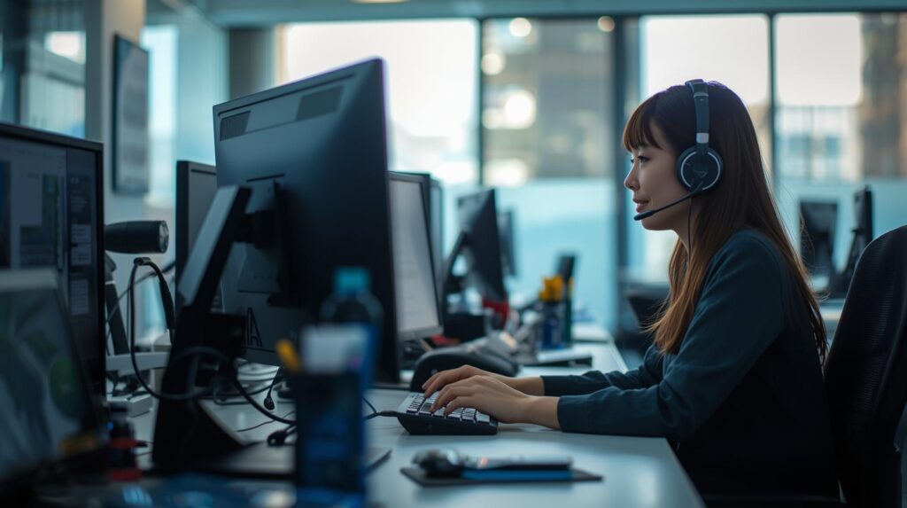 インカムをつけてPCに向かう、カスタマーサポートのスタッフのイメージ