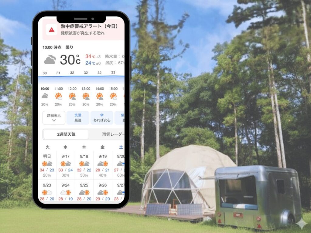 9月のグランピング当日の天気予報画面。Jackeryのソーラーパネルで充電を試みる