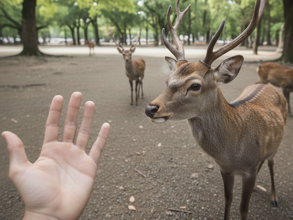 奈良公園で、鹿せんべいを持っていないことをアピールする『鹿サイン