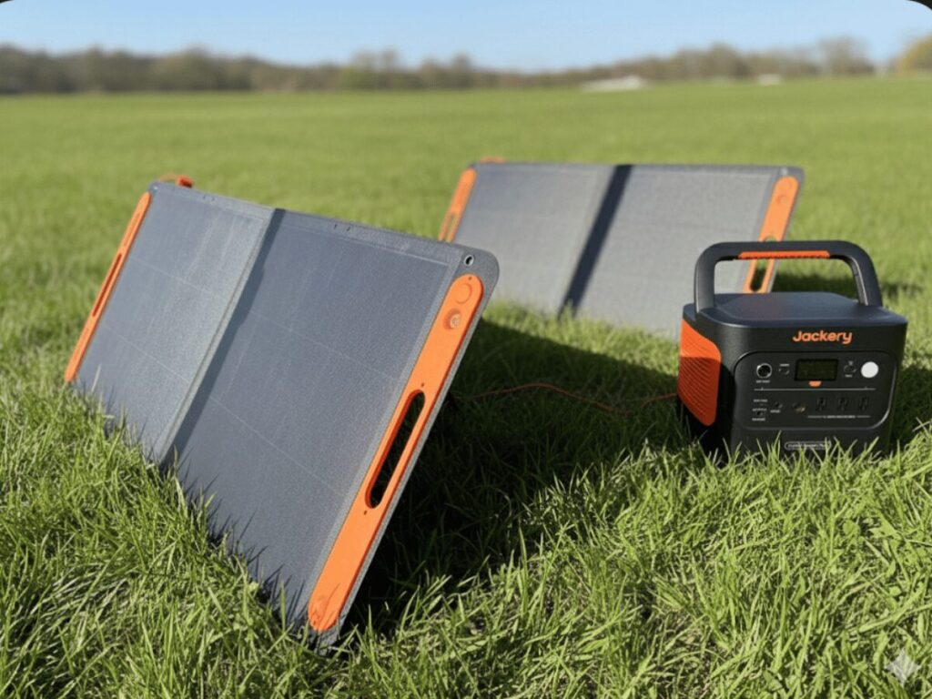 Jackeryポータブル電源2000Newと展開されたソーラーパネル