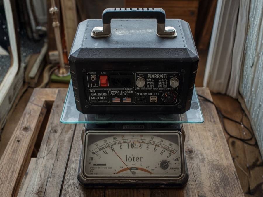 ポータブル電源を重量計測する様子。