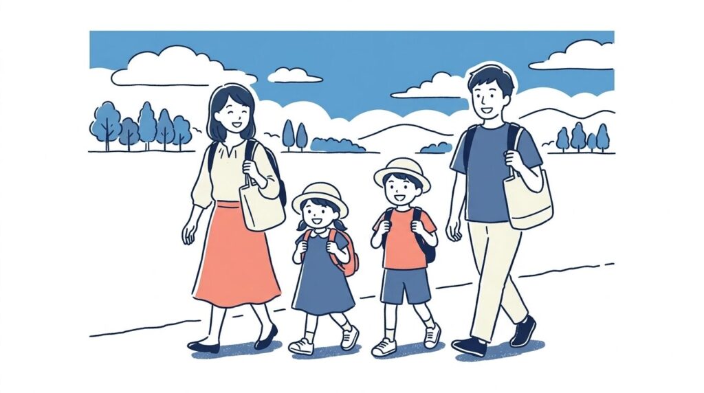 アンパンマンミュージアムに向かう家族4人のイラスト。リュックと帽子を持った子どもたちと両親が笑顔で歩いている