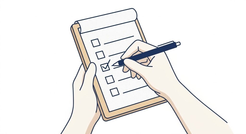 防災備えチェックリストにチェックを入れる手元のイラスト｜備えを重ねる・夏の停電対策