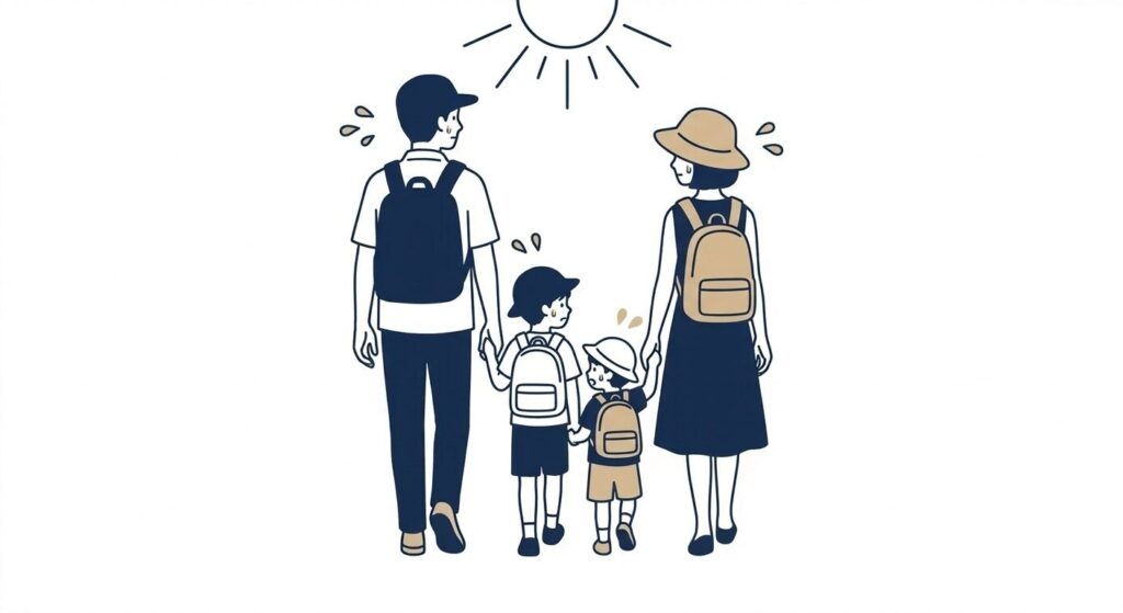 猛暑日の停電時に家族4人で避難行動をとるイラスト｜夏の停電・避難判断