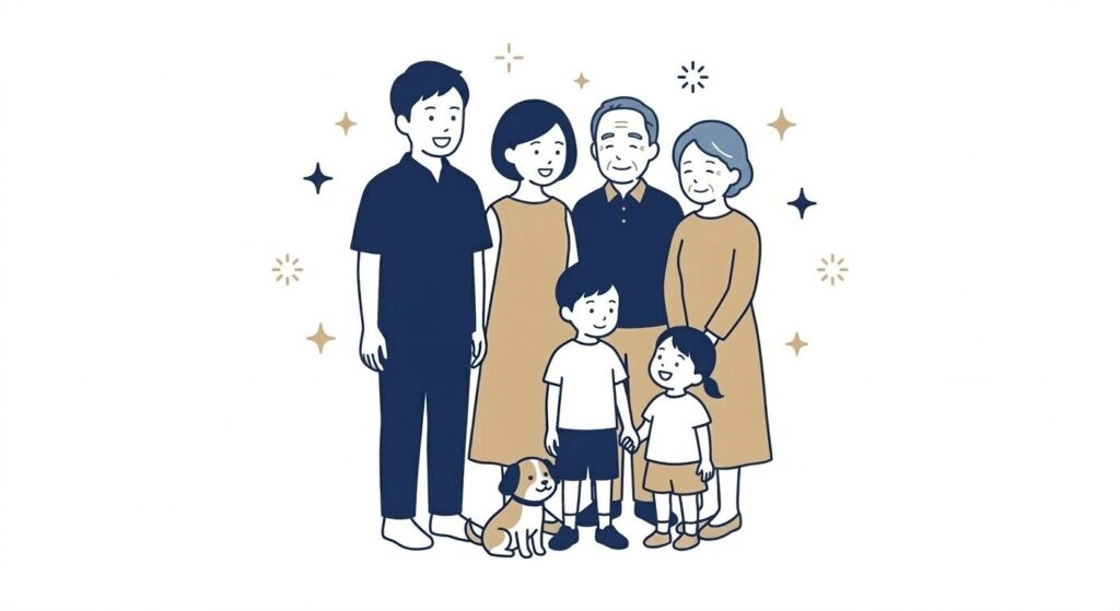 三世代家族と犬が笑顔で集まるイラスト｜備えがある安心感・家族みんなで防災
