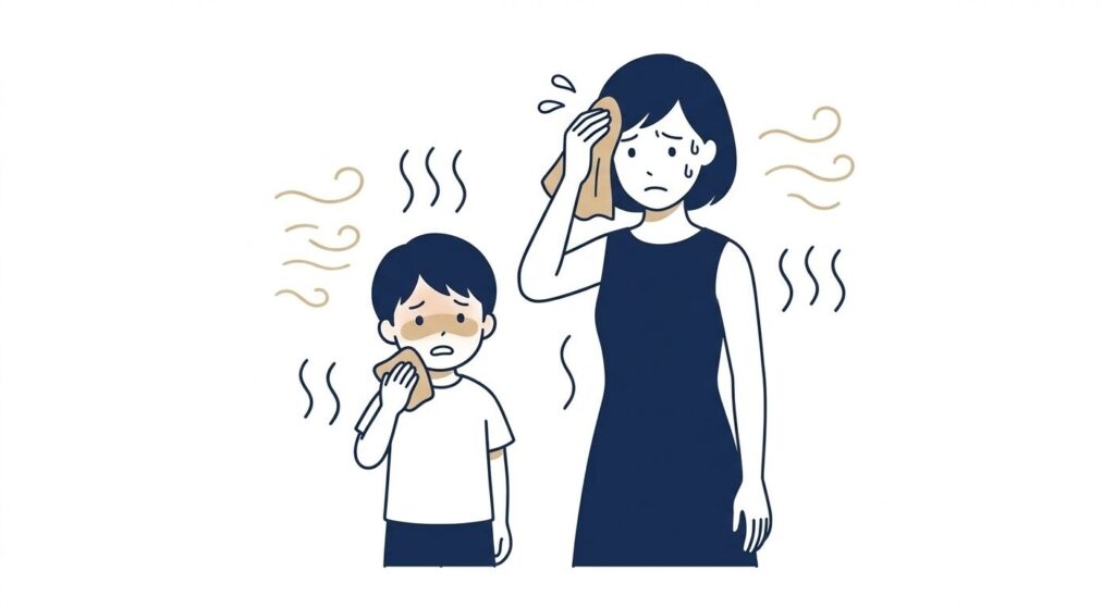 気温35℃以上では扇風機が逆効果になることを表した母子のイラスト｜夏の停電・熱中症リスク