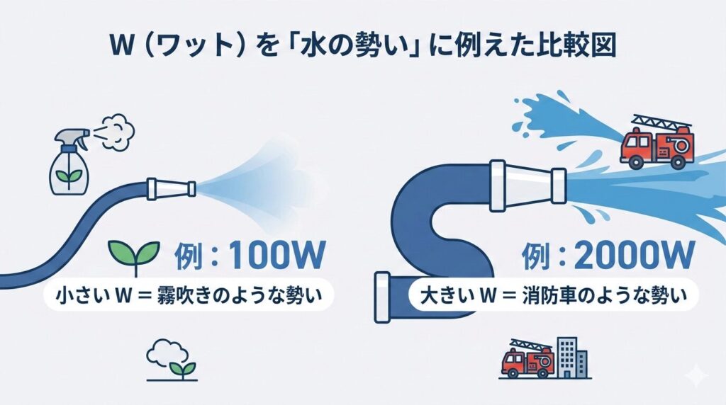 細いホースと太いホースで水の勢いを比較し、W（ワット）の大小を説明した図解