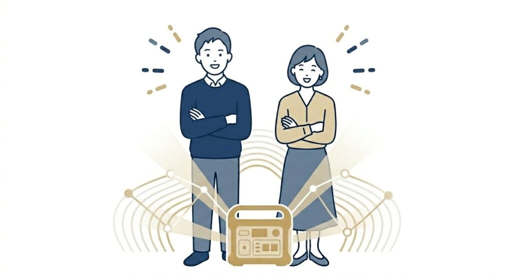 ポータブル電源を導入して安心した表情を浮かべる夫婦のイラスト。