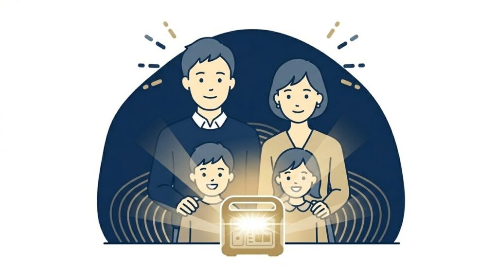 停電中ポータブル電源の明かりに安心する家族