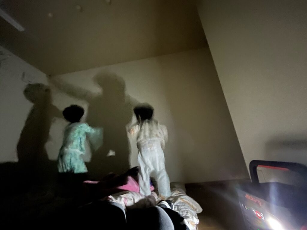 暗闇の中JackeryのLEDライトが照らす壁に向かって、影で遊ぶ2人の子供
