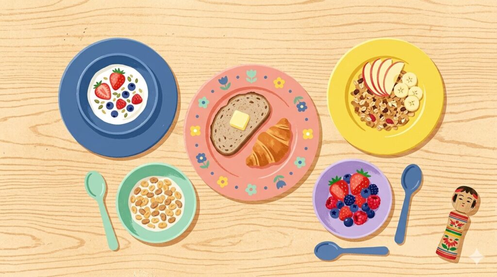 カラフルな北欧風食器にパンやフルーツが並んだ朝食の食卓イラスト。右端にこけし人形が添えられている