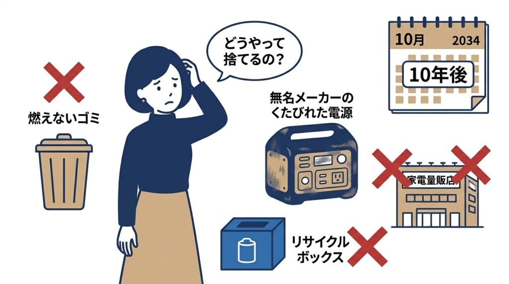 無名メーカーのポータブル電源を10年後に廃棄しようとして、燃えないゴミ・家電量販店・リサイクルボックスすべてにNGとなり困っている女性のイラスト
