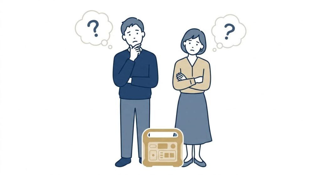 ポータブル電源の購入を迷っている子育て世代の夫婦のイラスト。