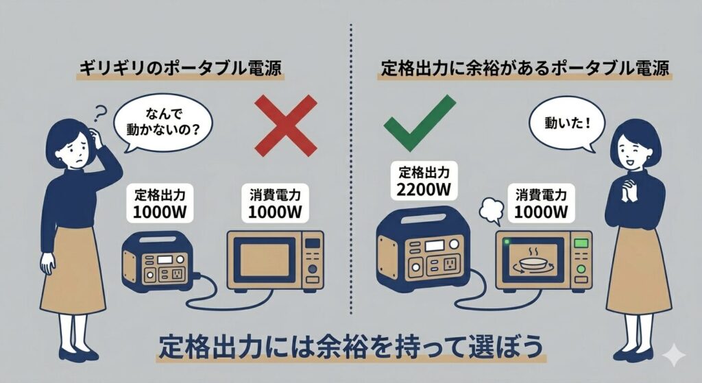 定格出力1000Wのポータブル電源では電子レンジが起動せず困る女性と、定格2200Wでは動いて喜ぶ女性を左右に対比した図解