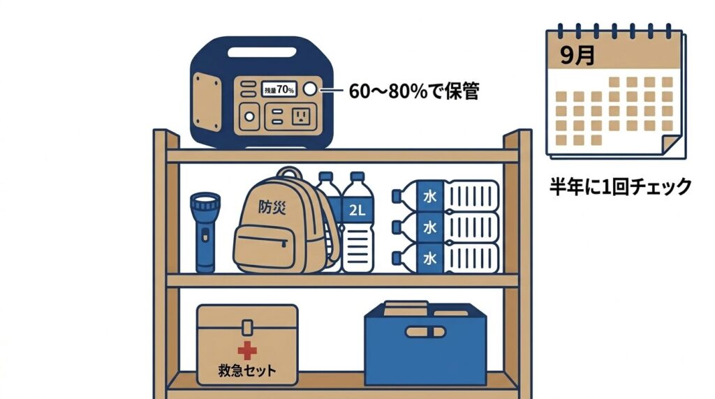 防災グッズを収納した棚の上段にポータブル電源（残量70%）を保管し、60〜80%での保管と半年に1回のチェックを示したイラスト