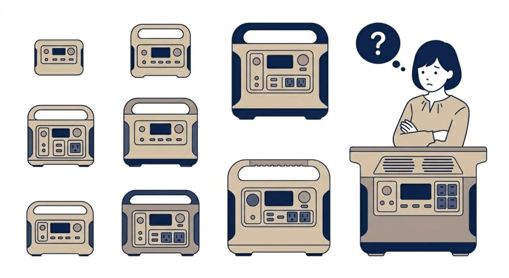 ポータブル電源選びにおいて容量の選択肢がたくさんあるイメージ。