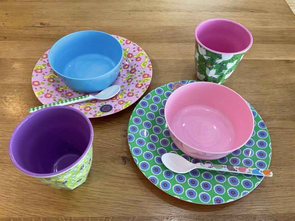 riceのメラミンプレートにIKEA KALASのボウルを重ねて並べた俯瞰写真