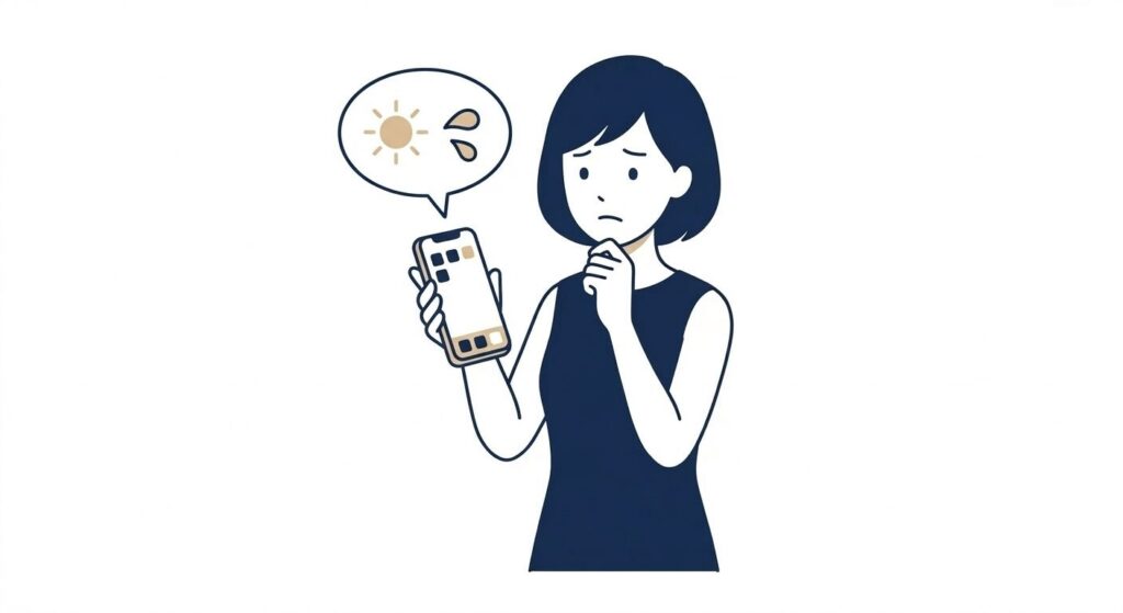 スマホで気温を確認して対応を判断する女性のイラスト｜夏の停電・気温別対応マップ