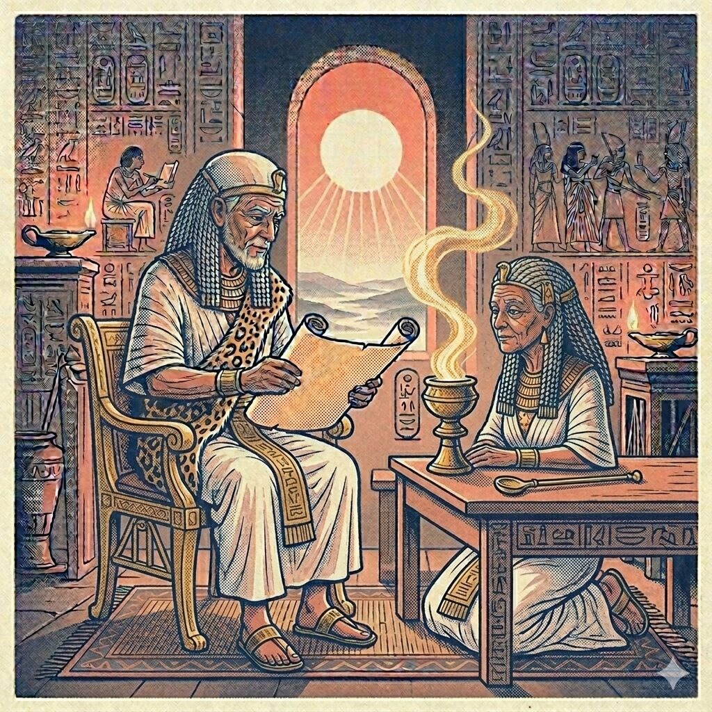 ツタンカーメンの曾祖父母にあたる古代エジプトの神官イウヤ（Yuya）とチュウヤ（Thuya）を描いたイラスト。