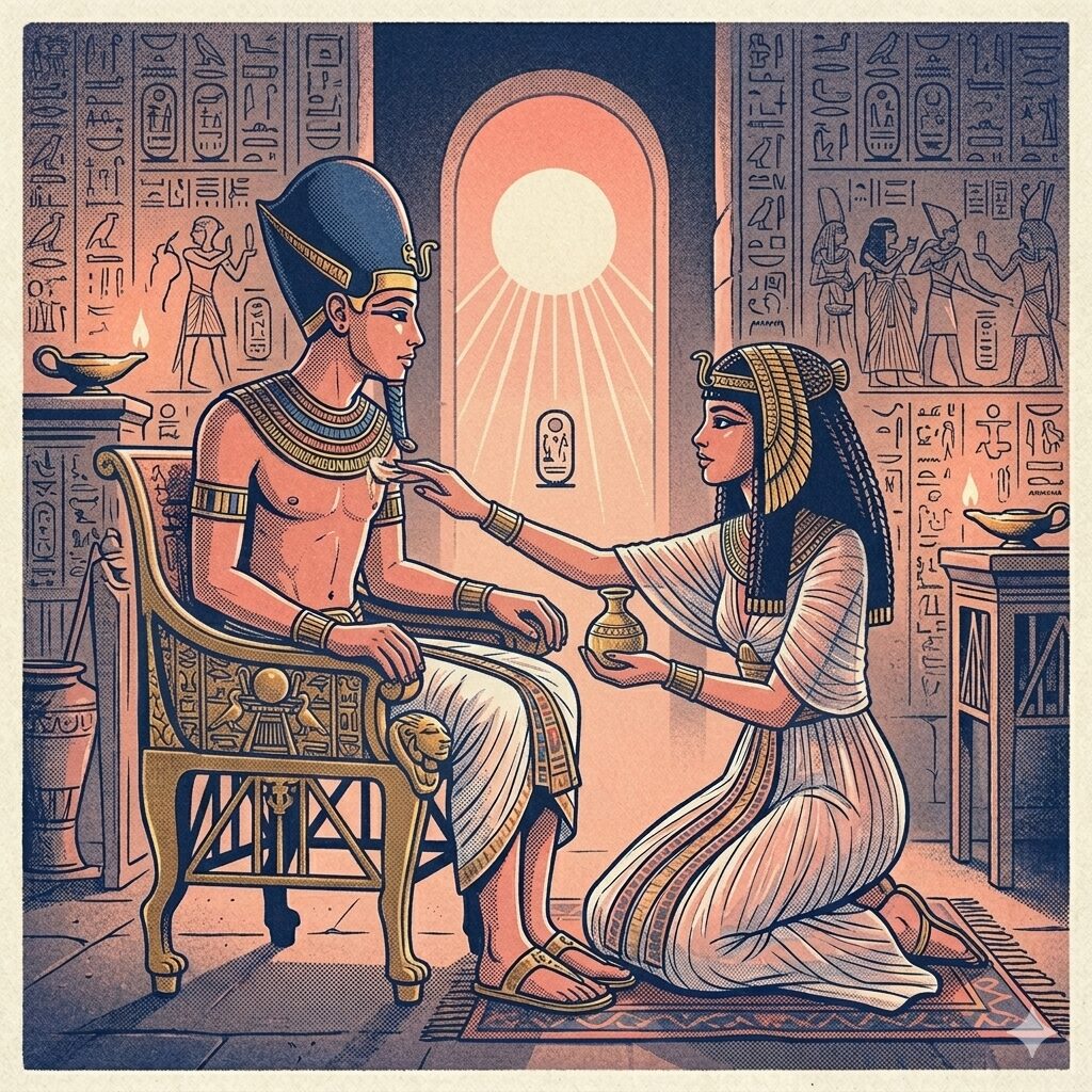 玉座に座るツタンカーメンと、その傍らで膝をつき、王に香油を塗る王妃アンケセナーメンを描いたイラスト。