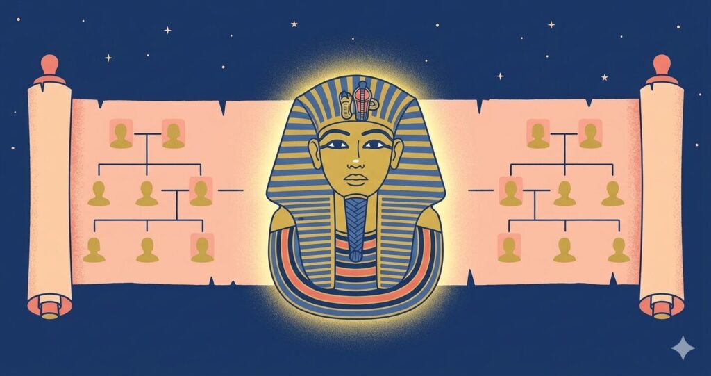 ツタンカーメン王を中心にその背後にパピルスに描かれた血縁図が広がるイラスト。科学的に特定された親子関係と、今なお残る母方の正体やミイラの特定といった歴史的空白・謎を象徴する、章の挿絵。