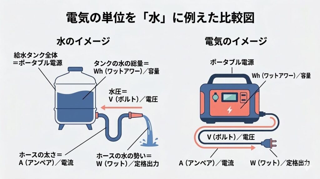 給水タンクとポータブル電源を並べて、W・Wh・A・Vを水に例えて解説した比較図