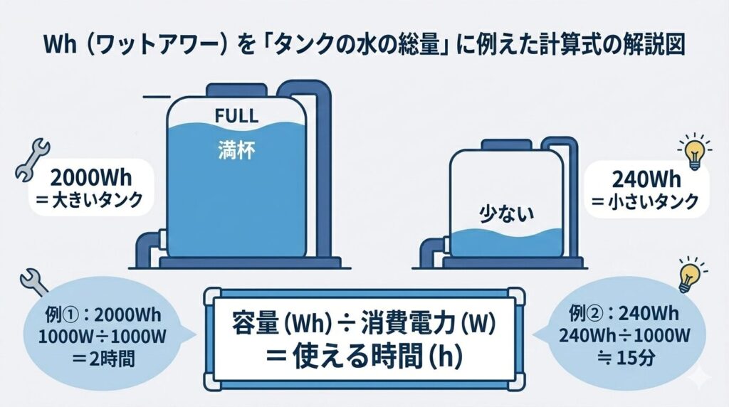 大小2つの給水タンクでWh（ワットアワー）の容量を比較し、使える時間の計算式と例を示した図解
