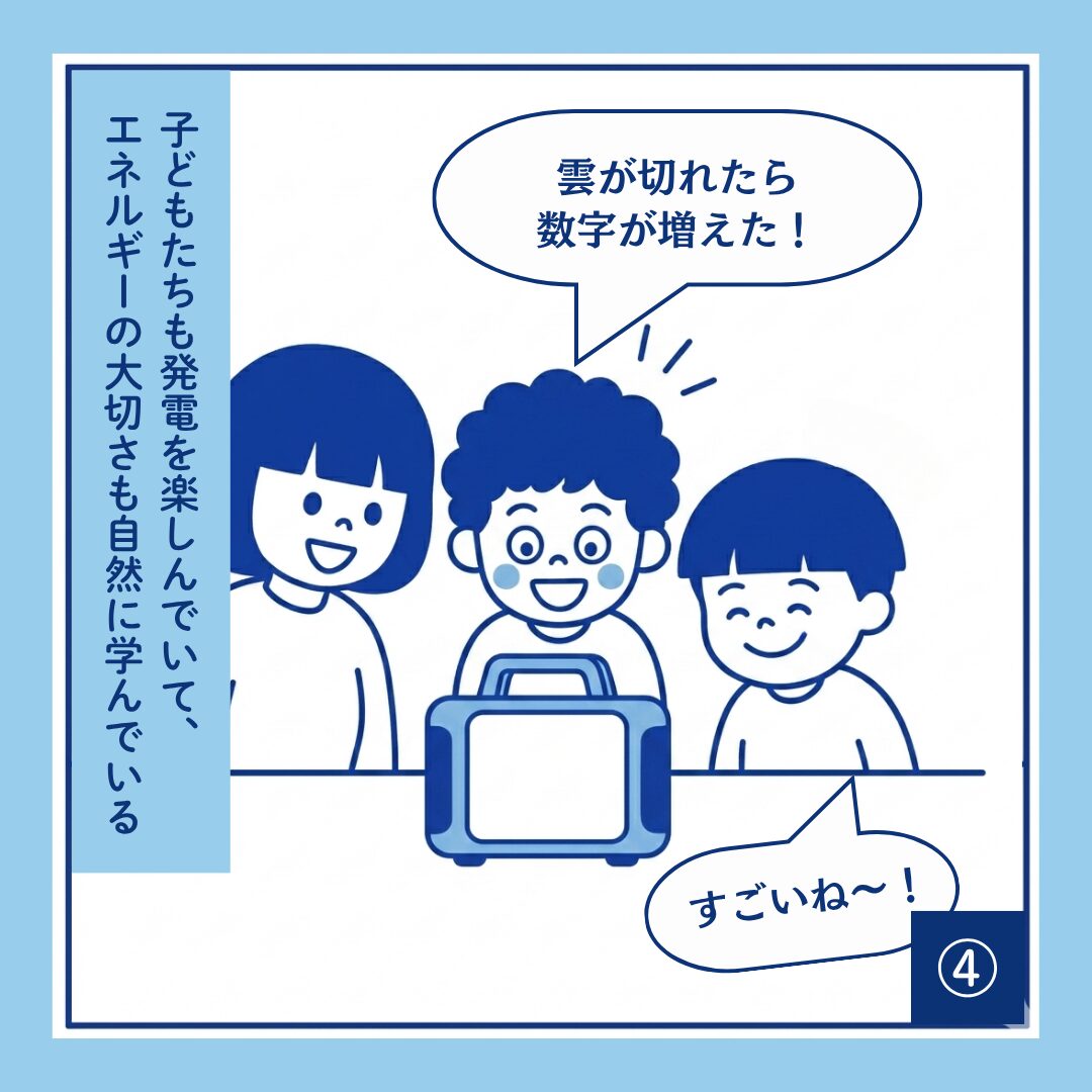こけしママンと二人の息子（が、ポータブル電源のディスプレイを覗き込んでいる。長男が「雲が切れたら数字が増えた！」と驚き、次男も笑顔で見守る中、子供たちが自然にエネルギーの大切さを学んでいるシーン。