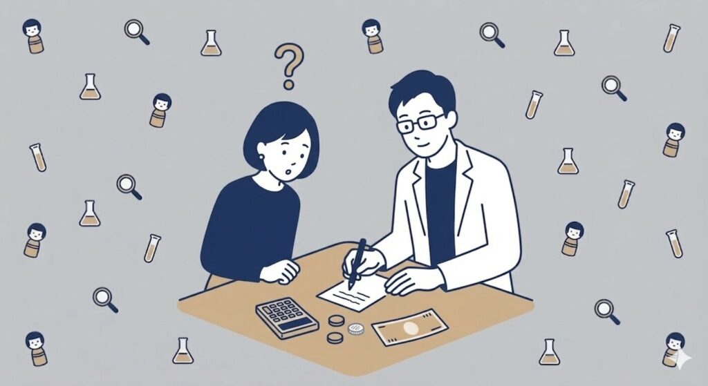 ソーラーパネルの節電効果を夫婦で計算しているイラスト。テーブルの上に電卓とコインが置かれ、理系夫が説明しこけしママンが疑問を持つシーン。