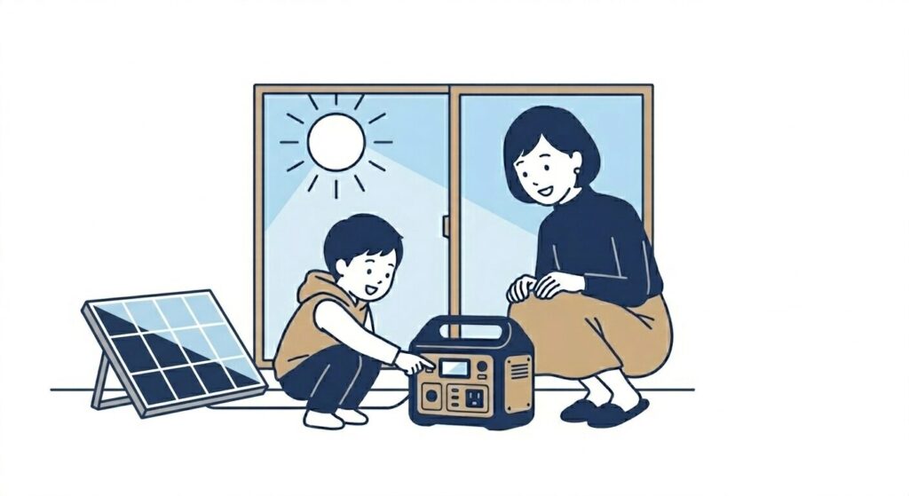 子どもとJackeryポータブル電源の液晶を覗き込むこけしママンのイラスト。窓から太陽の光が差し込み、ソーラー発電を確認しているシーン。