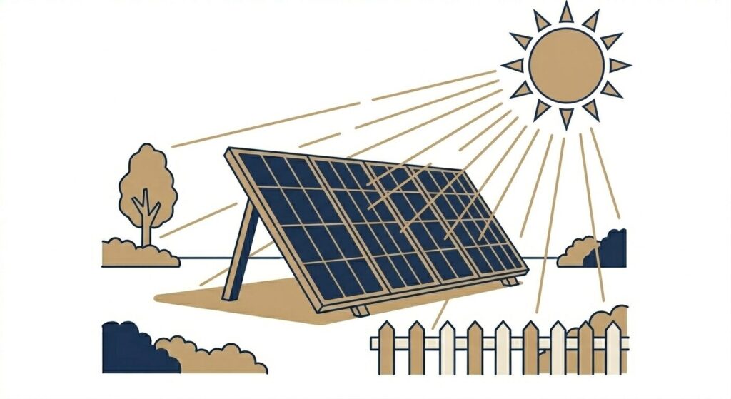 南向きの開けた庭にJackeryソーラーパネルが広げられ、太陽光が当たっている理想的な設置環境のイラスト。