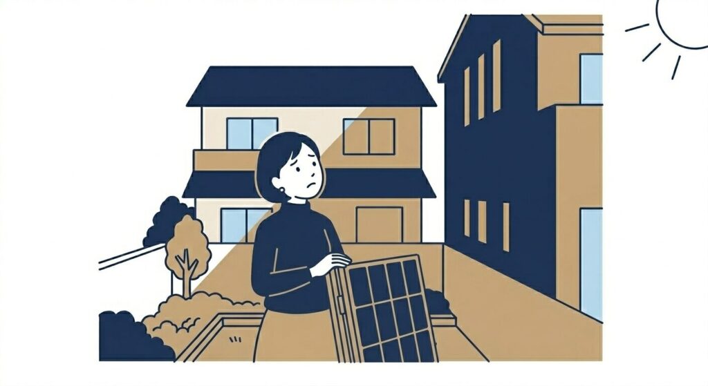 南向きの庭でソーラーパネルを持ちながら空を見上げる女性のイラスト。隣家が近接していて影が庭にかかっており、日当たりの課題を表すシーン。