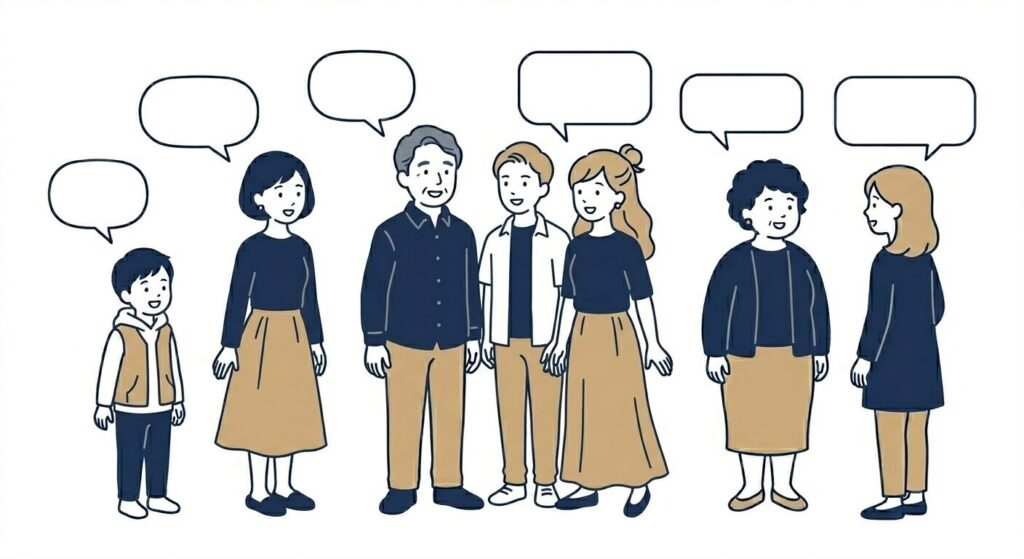 ユーザー同士がそれぞれ口コミや体験を語り合っているイメージイラスト。