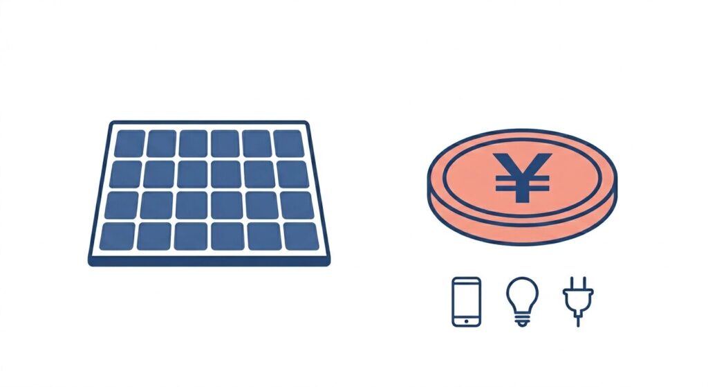 ソーラーパネルとコイン1枚を並べた比較イラスト。発電量の電気代換算がわずかであることを表しつつ、スマホ・電球・プラグのアイコンで防災用途としての価値を示す。