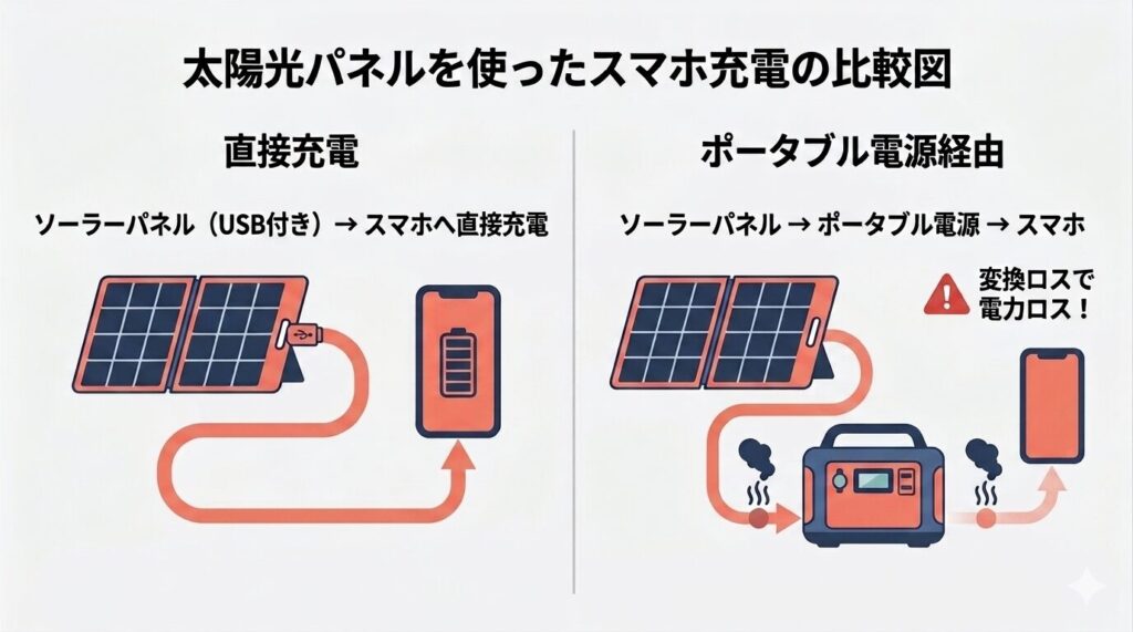ソーラーパネルを使ったスマホ充電の比較図。左側「直接充電」はソーラーパネルのUSBポートからスマホへ直接ケーブルをつなぎ、ロスなく充電できる様子を示す。右側「ポータブル電源経由」はソーラーパネルからポータブル電源を介してスマホを充電する経路で、ポータブル電源の入出力それぞれの変換時に熱と煙のアイコンで電力ロスが発生することを図解している。