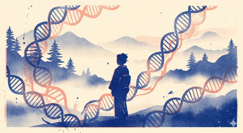 江戸時代末期もしくは明治生まれの高祖母から受け継がれた母系DNA M7a1a1をイメージしたイラスト｜和装の女性シルエットとDNA二重らせん