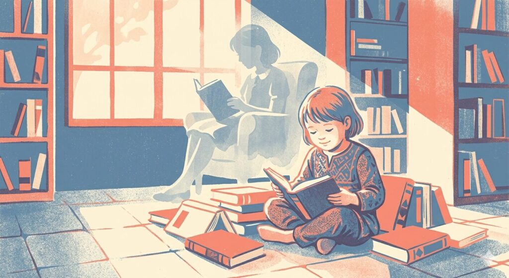 図書館の床に座って静かに本を読む子供と、背景に重なる少女時代の母親のシルエット。リソグラフ風のレトロなイラスト。