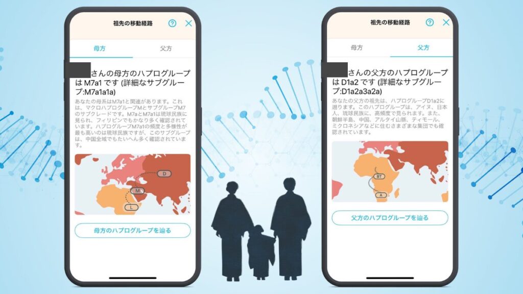 GeneLife Haplo3.0アプリの祖先移動経路画面をスマートフォン2台で並べた画像。左は母方のハプログループM7a1の結果で、アフリカからアジアへの移動経路が地図上に表示されている。右は父方のハプログループD1a2の結果で、同様に移動経路が表示されている。男性はY染色体を持つため両方の経路を調べることができる。中央下に和装の家族シルエット、背景にDNAの二重らせん構造。