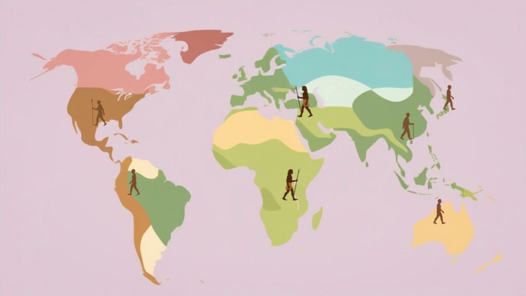 カラフルな世界地図の上に、槍や杖を持った古代人のシルエットが各大陸に配置されたイラスト。アフリカを起点にホモサピエンスが北米、南米、ヨーロッパ、東アジア、オーストラリアへと拡散していった様子を表している。