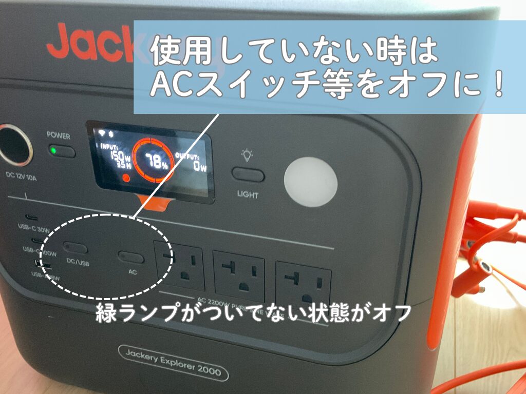 Jackery 2000 New のACスイッチ部分を示した写真。緑ランプが消灯している状態が「オフ」であり、使用していないときはACスイッチを切らないと自己消費電力でバッテリー残量が減ってしまうことを説明するための画像。
