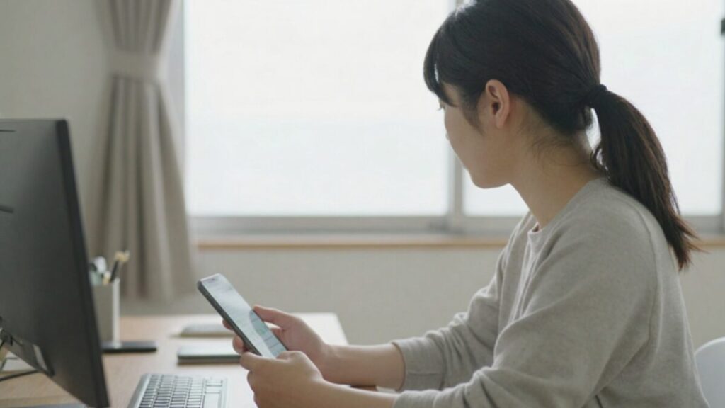 DNA検査の結果をスマートフォンで確認し、健康リスクの数値に不安を感じる女性