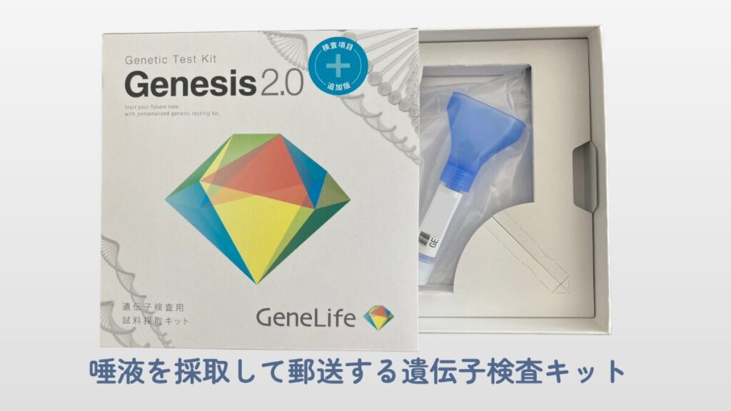 GenelifeのGenesis2.0plusの外観と中身。白い箱型のパッケージと、内容物である採取キットが並んでいる様子