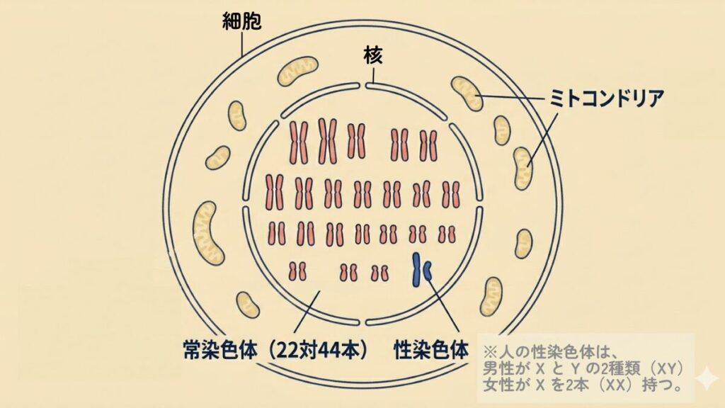 人の細胞の構造図。細胞内に核があり、核の中に常染色体22対44本と性染色体(男性XY・女性XX)が並ぶ。核の外にミトコンドリアが点在している。