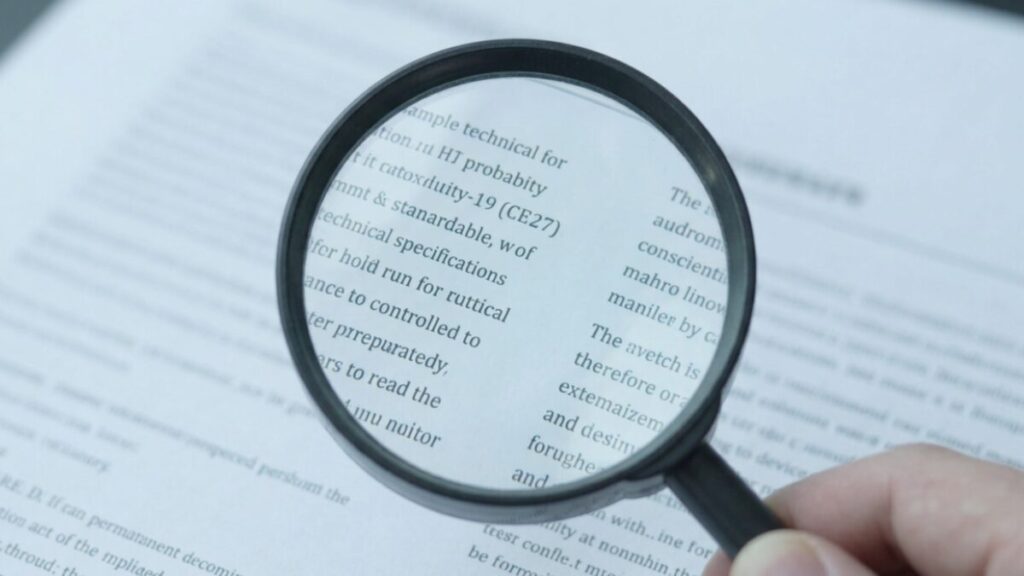 A hand holding a magnifying glass over a printed document, enlarging a section of text for closer reading.