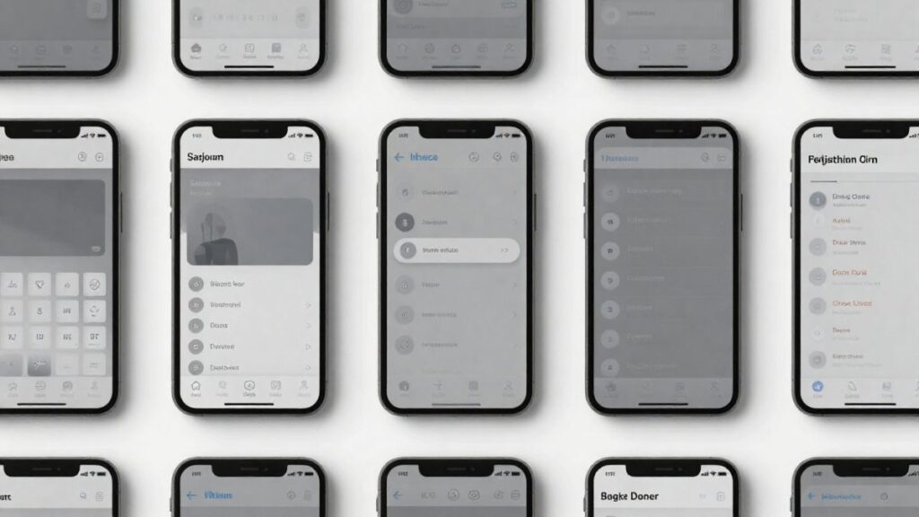 白い机の上に横並びに配置された複数のスマートフォン。それぞれ異なるアプリのインターフェースを表示している、クリーンでミニマルな構図のフラットレイ写真。