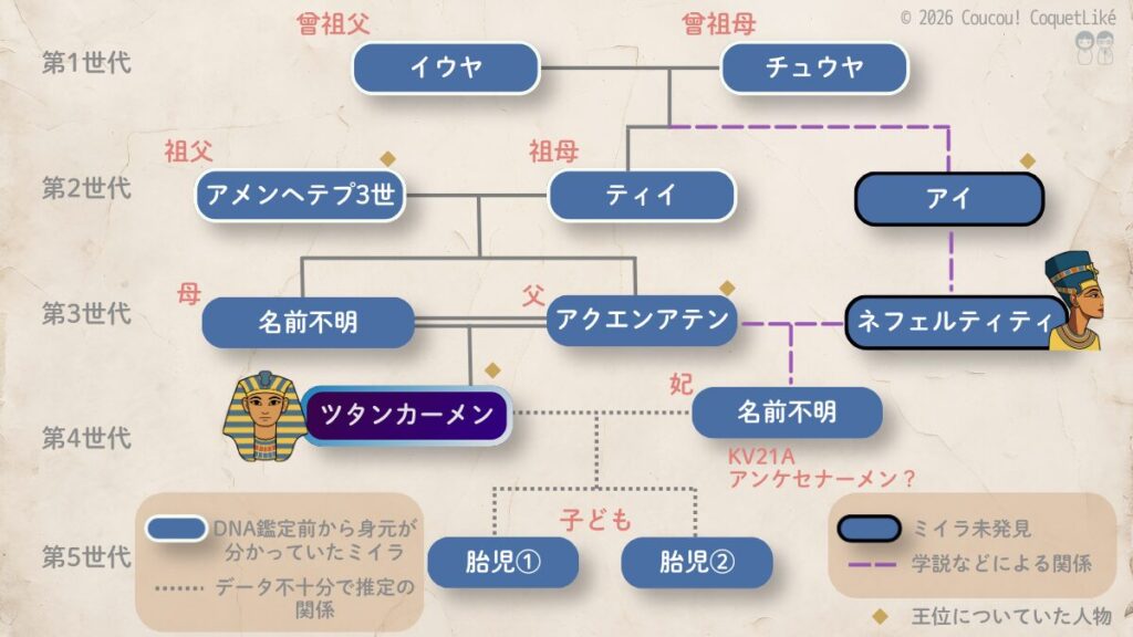 ツタンカーメンの家系図。5世代にわたる血縁関係を示す図解。第1世代の曾祖父イウヤと曾祖母チュウヤから、第2世代のアメンヘテプ3世とティイ、第3世代のアクエンアテンとネフェルティティ、第4世代のツタンカーメンと妃（KV21A／アンケセナーメン？）、第5世代の胎児2体までを線で結んでいる。アイの位置づけや名前不明のミイラも含め、DNA鑑定と学説に基づく推定関係を凡例で区別している。