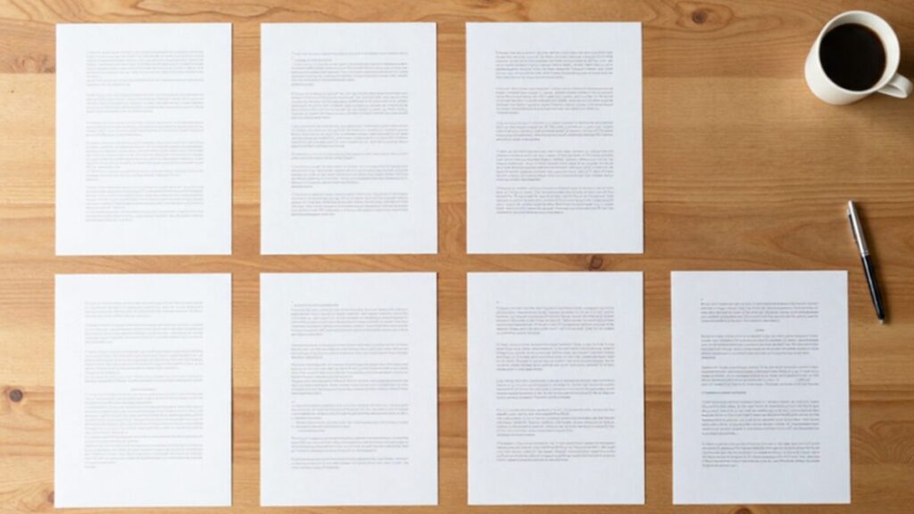 複数の書類とコーヒーカップとペンが置かれた机の俯瞰画像。書類の文字はぼやけている。