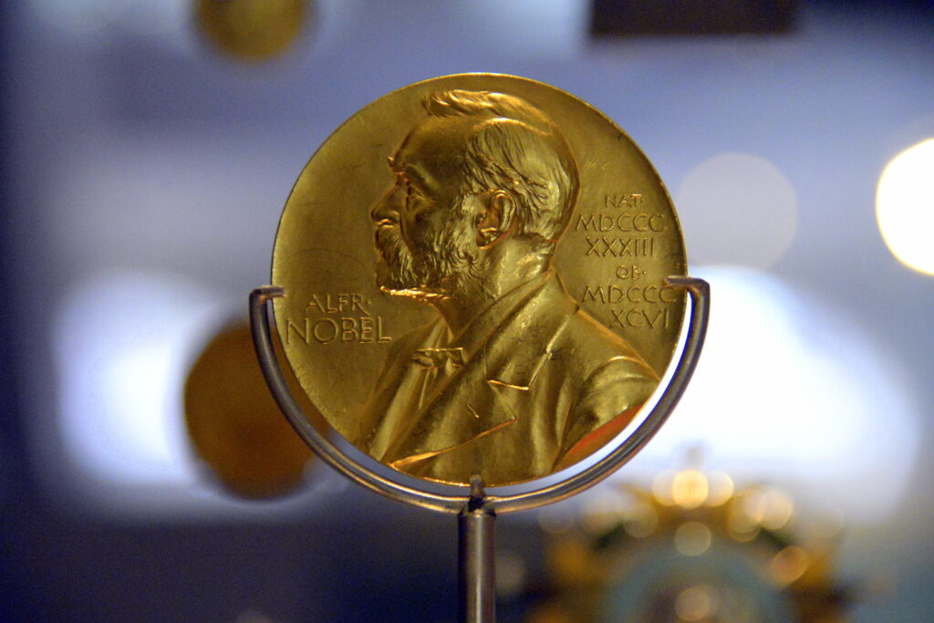 Nobel Prize medal for Physiology or Medicine awarded to Alexander Fleming in 1945.